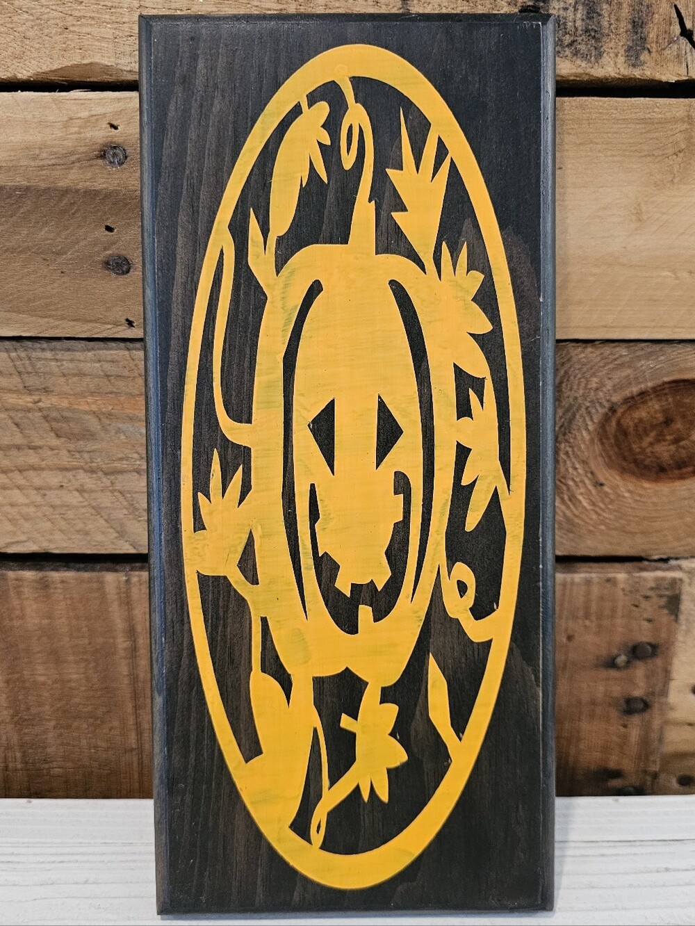 Handcrafted Orange Jack-o-Lantern Plaque On Dark Wood 5-3/8" x 12"